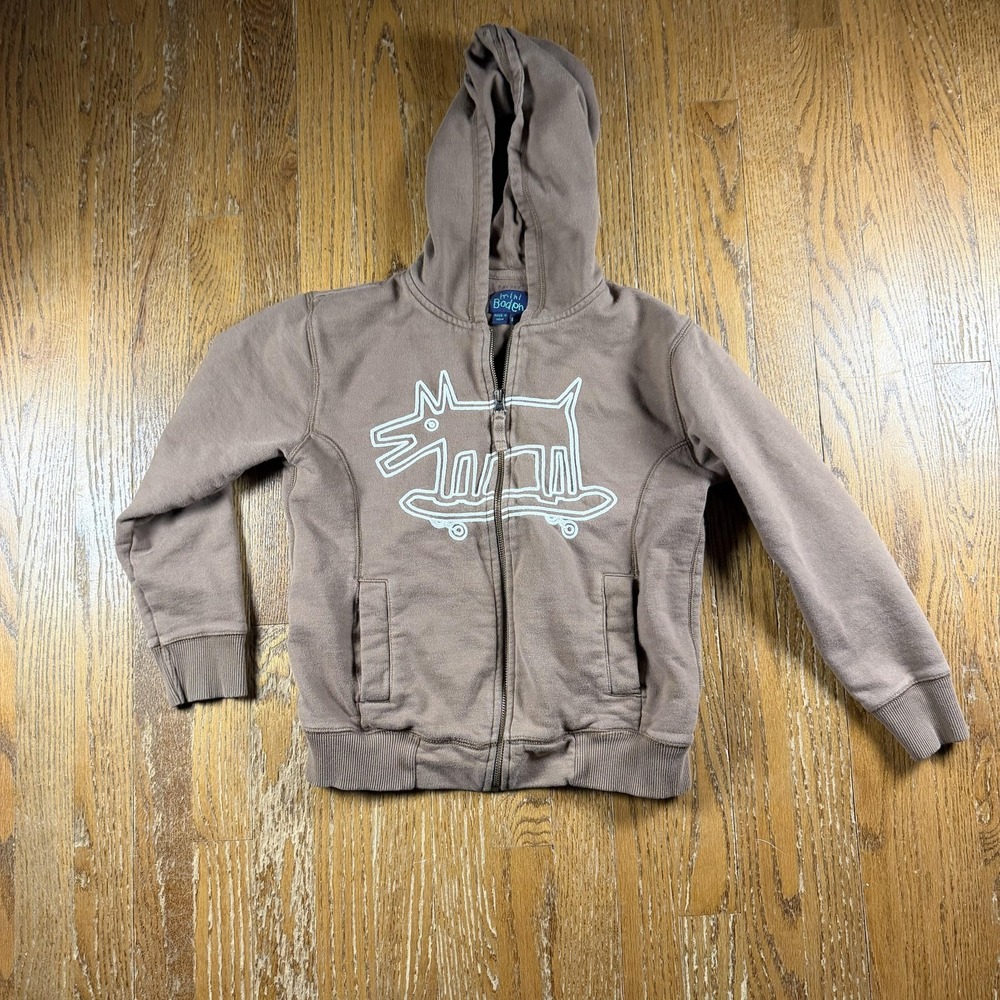 Mini Boden Hoodie Kids 9-10Y Brown Dog Graphic Full Zip Fleece Sweatshirt
